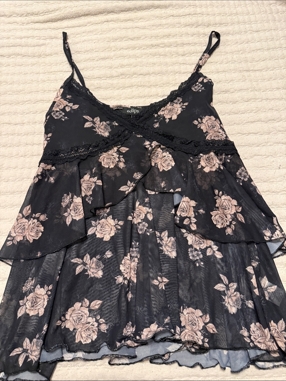 Eclipse Black Camisole with Blush Rose Print and Lace Trim
